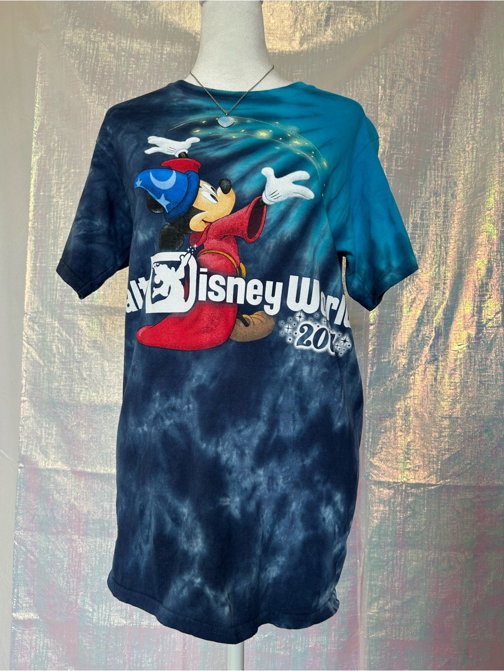 Disneyworld 2017 Sorcerer Mickey Tie-Dye Tee in Navy & Teal. 100% Cotton. Size S